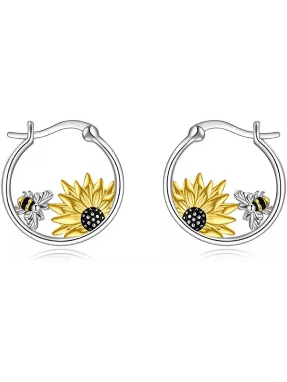 🚘 🆕 Sunflower & Bee Hoop Earrings - Yellow and Silver color